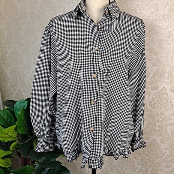 Cellabie Size 2XL Black/White Check Long Sleeve Blouse Collared Ruffle Trim NWT - Picture 1 of 15